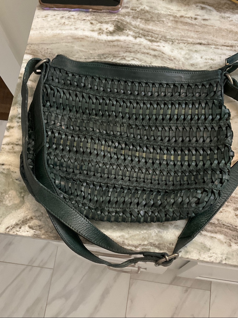 Woven Leather Crossbody Bag in Dark Green